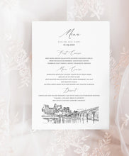 Load image into Gallery viewer, Minneapolis Skyline Menu Cards, Minnesota, Wedding, Day of Event, Reception, Dinner Menus, Corporate Events, Parties (Sold in sets of 25)

