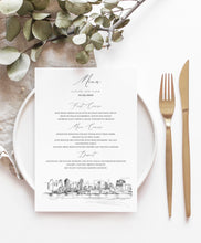 Load image into Gallery viewer, San Diego Skyline Menu Cards, Wedding, Day of Event, Reception, Dinner Menus, Corporate Events, Rehearsal Dinner (Sold in sets of 25)
