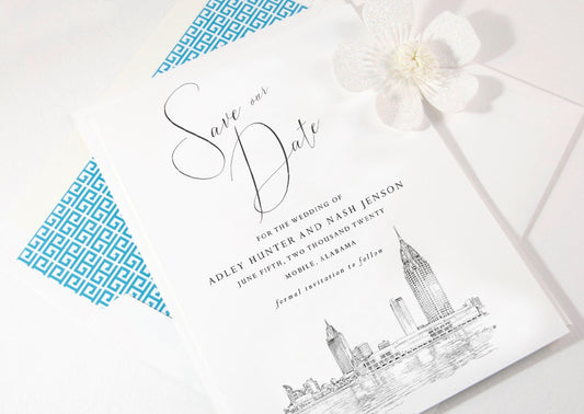 Mobile, AL Skyline Save the Date Cards, Wedding Save the Dates, Alabama, Mobile, AL, STD, Mobile Wedding (set of 25 cards and envelopes)