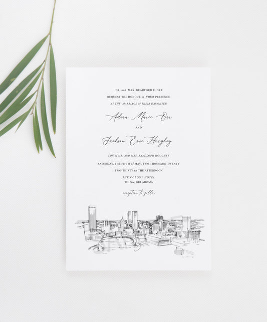 Tulsa, OK Skyline Wedding Invitation, Oklahoma Wedding, Tulsa Skyline Invite (Sold in Sets of 10 Invitations + Envelopes)