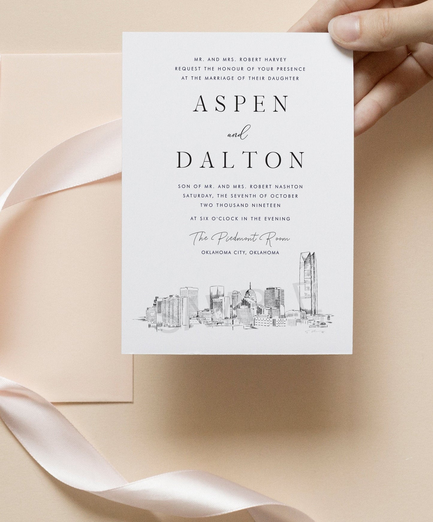 Oklahoma City, OK Skyline Wedding Invitation, Oklahoma Wedding, Oklahoma Skyline Invite (Sold in Sets of 10 Invitations + Envelopes)