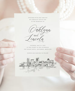 Baltimore, MD Skyline Wedding Invitation, Maryland Wedding, Baltimore, Skyline Invite (Sold in Sets of 10 Invitations + Envelopes)