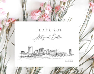 Richmond, VA Skyline Thank You Cards, Personal Note Cards, Bridal Shower, Real Estate Agent, Corporate Thank you Cards (set of 25 cards)