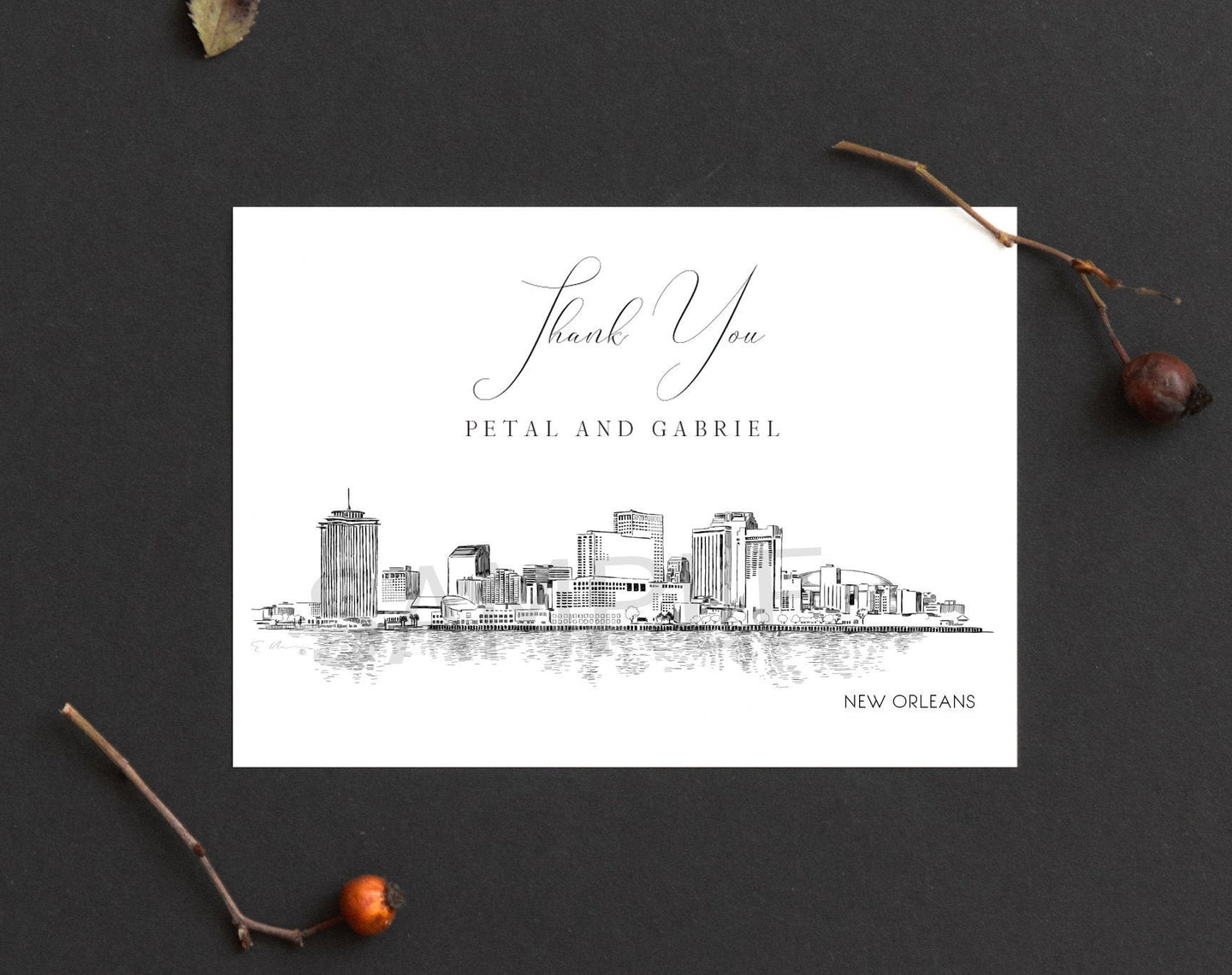 New Orleans Skyline Thank You Cards, Personal Note Cards, Bridal Shower, Real Estate Agent, Corporate Thank you Cards (set of 25 cards)