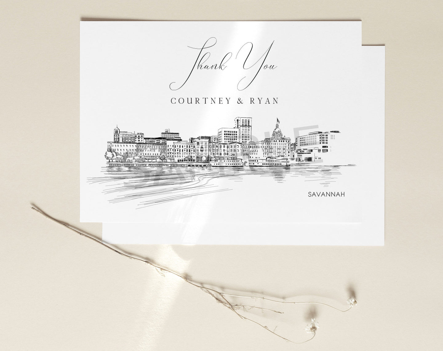 Savannah, GA Skyline Thank You Cards, Personal Note Cards, Bridal Shower, Real Estate Agent, Corporate Thank you Cards (set of 25 cards)