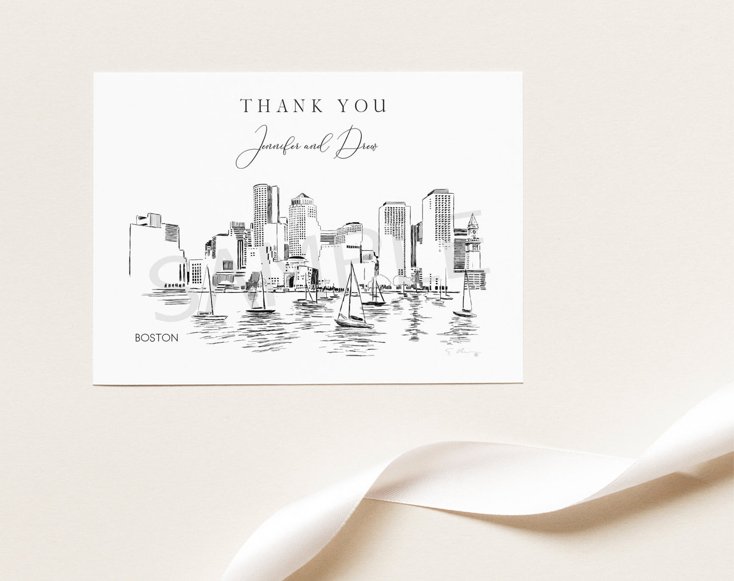Boston Skyline Thank You Cards, Personal Note Cards, Bridal Shower, Real Estate Agent, Corporate Thank you Cards (set of 25 cards)