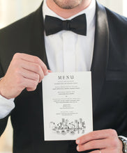 Load image into Gallery viewer, Boston Skyline Menu Cards, Wedding, Day of Event, Reception, Dinner Menus, Corporate Events, Rehearsal Dinner (Sold in sets of 25)
