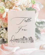 Load image into Gallery viewer, St. Louis Skyline Wedding Table Numbers (1-10), Saint Louis Wedding Table Numbers, Missouri, Day of Event, Reception, Rehearsal Dinner
