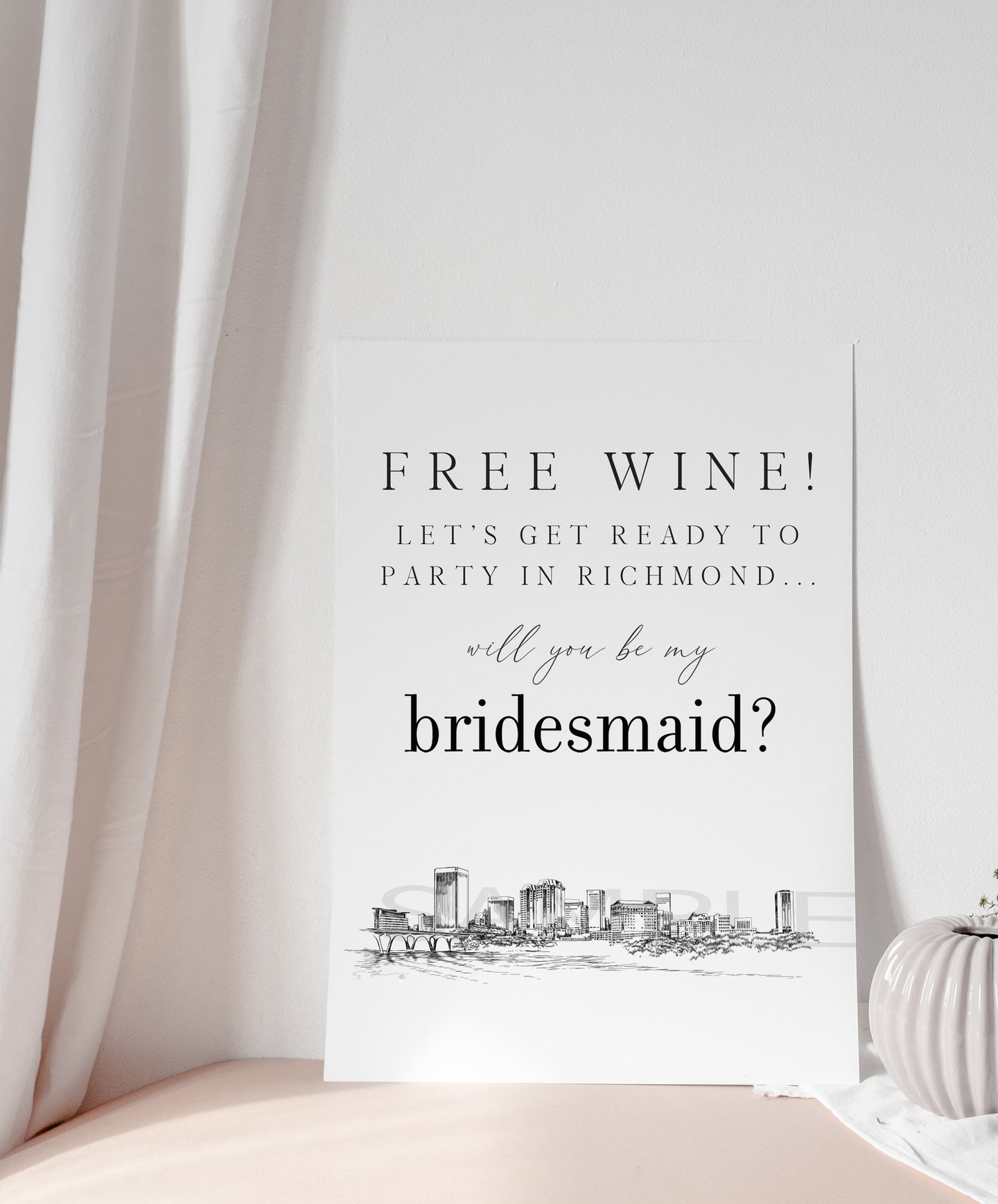 Free Wine, Be My Bridesmaid Card Richmond Skyline, Bridesmaid Proposal, Bridal Party Cards, Maid of Honor Card, Matron of Honor Card