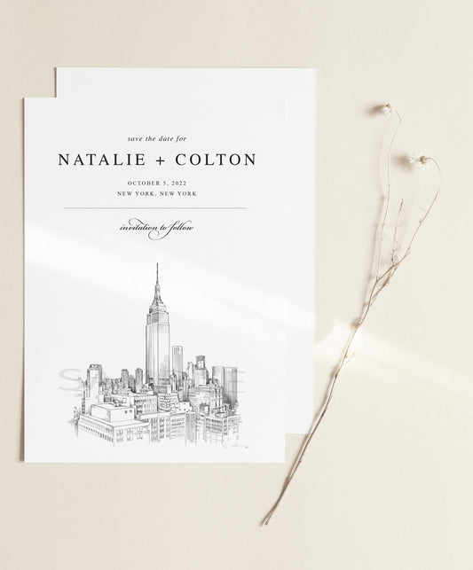 New York City Skyline Save the Date Cards, Wedding Save the Dates, Alabama, NYC, STD, NY Wedding (set of 25 cards and envelopes)