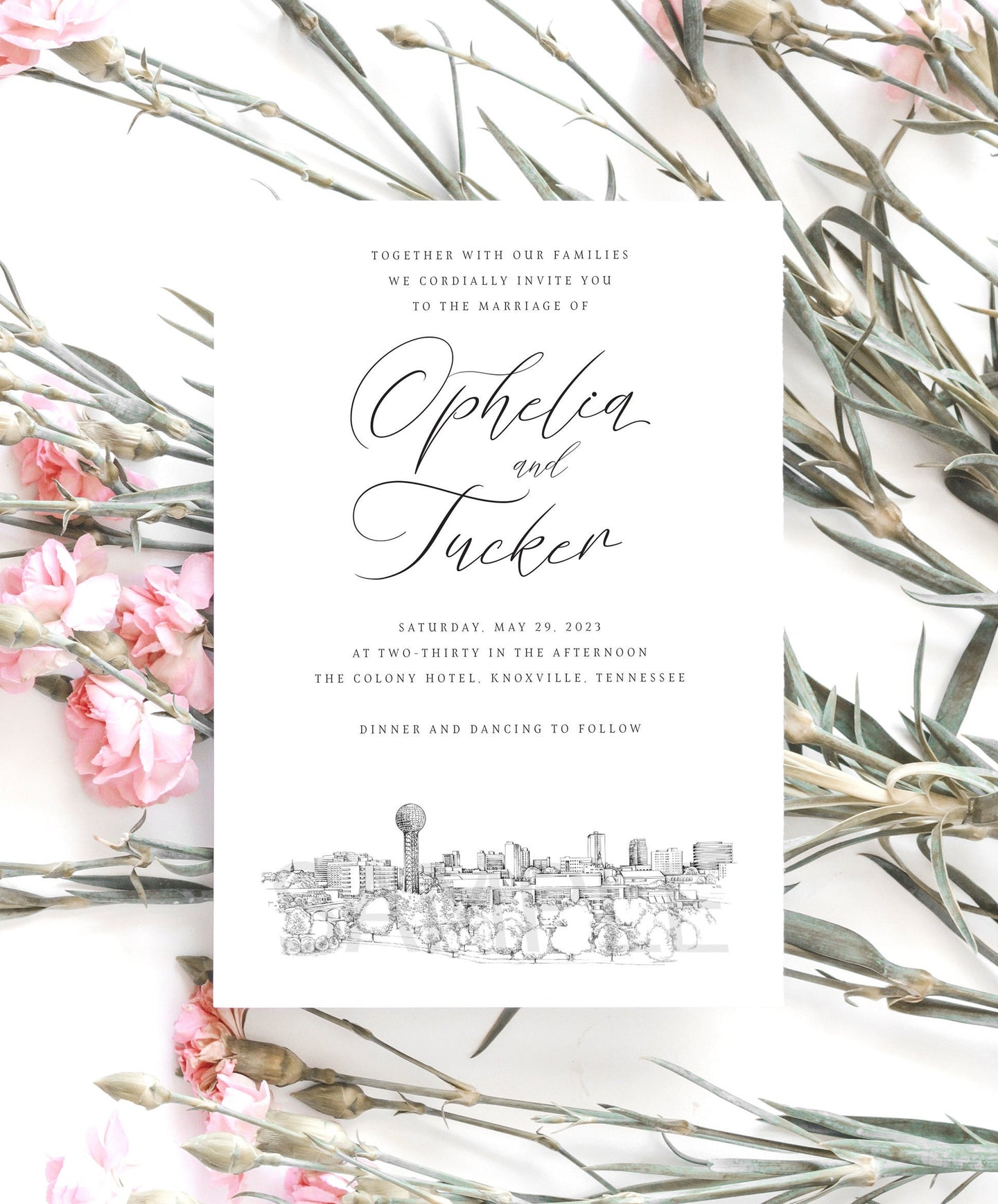 Knoxville Skyline Wedding Invitations, Tennessee Wedding, TN, Skyline Invite, TN (Sold in Sets of 10- Invitations, Online RSVP Cards)