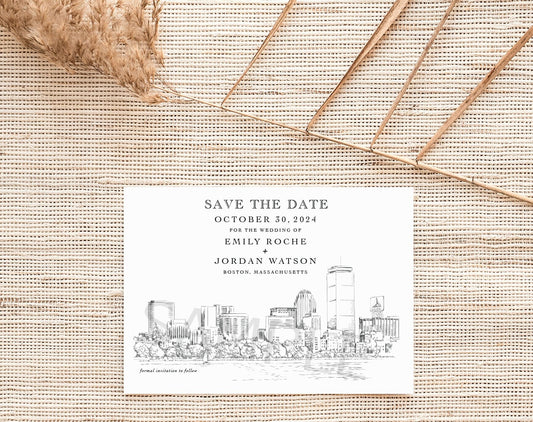 Boston Wedding, Boston Save the Date Cards, Save the Dates, Boston Skyline, STD, Hand Drawn (set of 25 cards & envelopes)