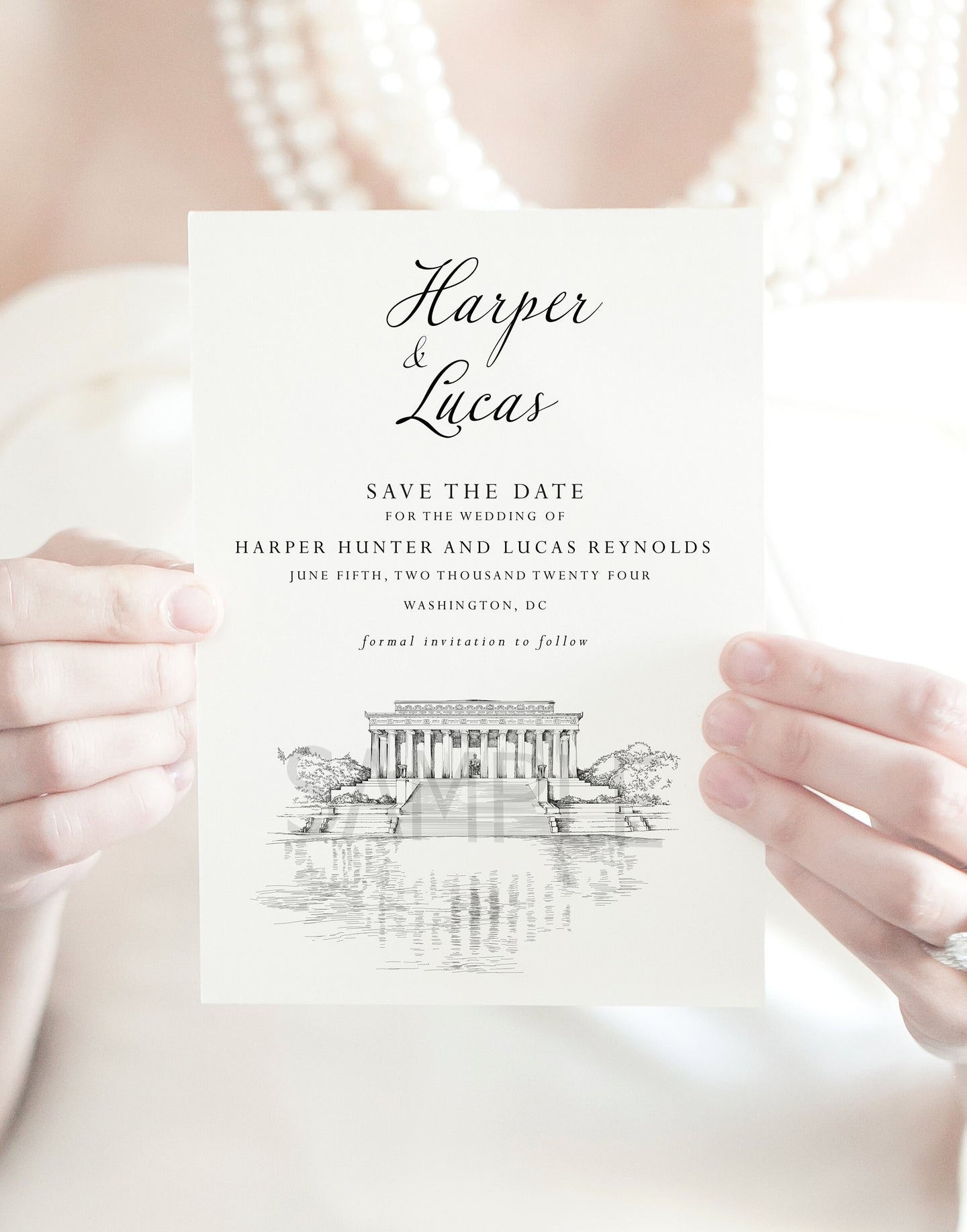 Washington, DC Save the Dates, Wedding, Save the Date Cards, Save the Dates, Lincoln Memorial, STD, Hand Drawn (set of 25 cards & envelopes)