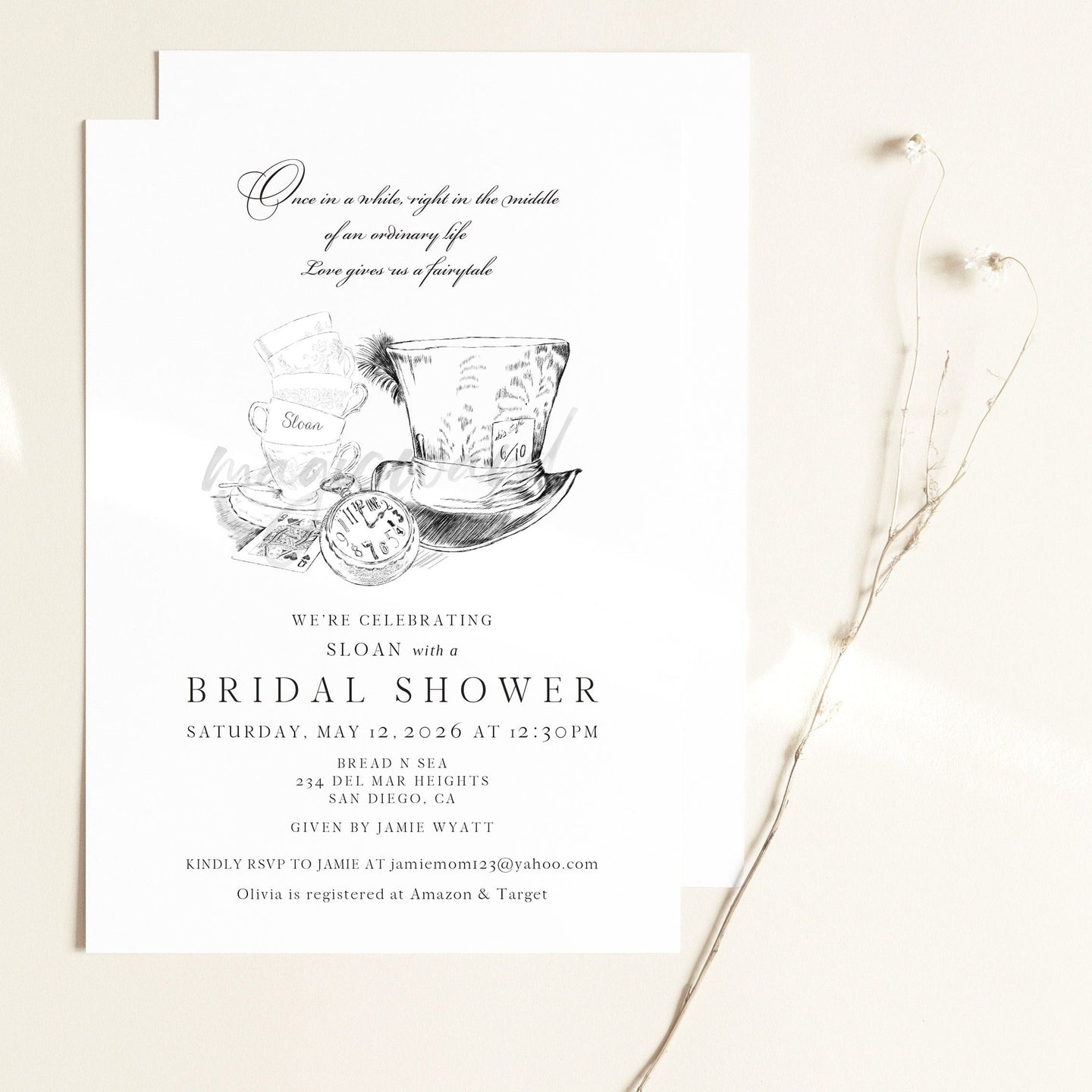 Alice in Wonderland Tea Party Bridal Shower Invitations, Fairytale Wedding, Disney, Hand Drawn (set of 25 cards & envelopes)