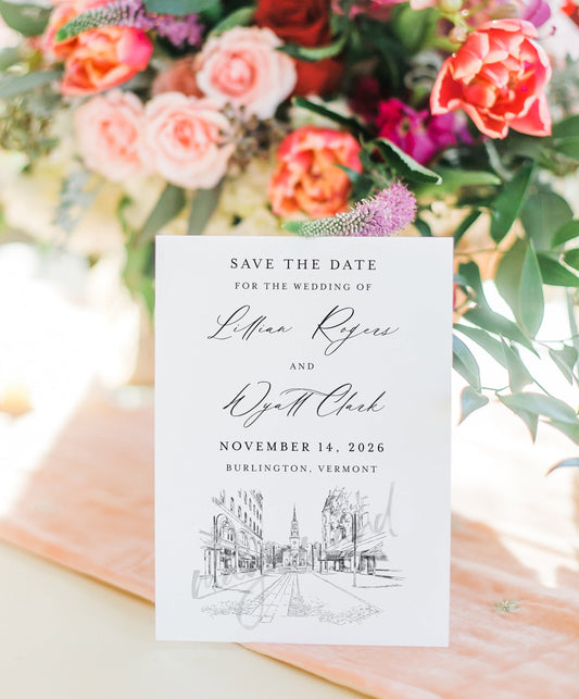 Burlington, VT Save the Dates, STD, Cards, Burlington Skyline, Vermont Wedding Save the Date Cards, Weddings, Burlington Wedding