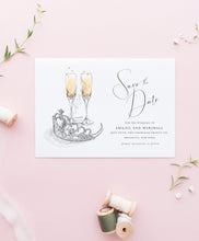Load image into Gallery viewer, Tiara &amp; Champagne Glasses, Fairytale Wedding, STD, Save the Dates, Disney, Crown, Champagne Glasses, Wedding, Save the Date Cards
