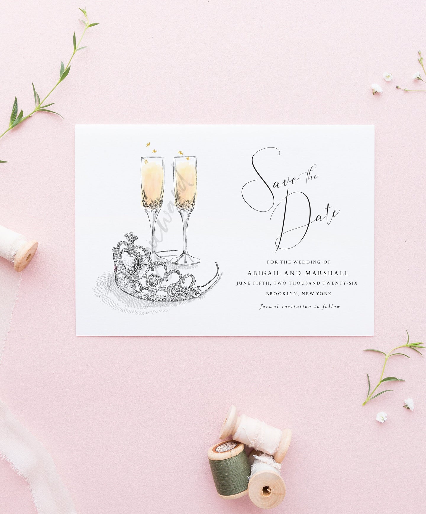 Tiara & Champagne Glasses, Fairytale Wedding, STD, Save the Dates, Disney, Crown, Champagne Glasses, Wedding, Save the Date Cards