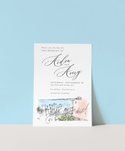 La Jolla Skyline Watercolor Save the Dates, STD, La Valencia, Save the Date Cards, San Diego, SD, LJ,  (set of 25 cards)