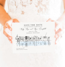 Load image into Gallery viewer, Madison, WI Skyline Save the Dates, STD, Wisconsin Wedding, Hand Drawn Save the Date Cards (set of 25 cards)
