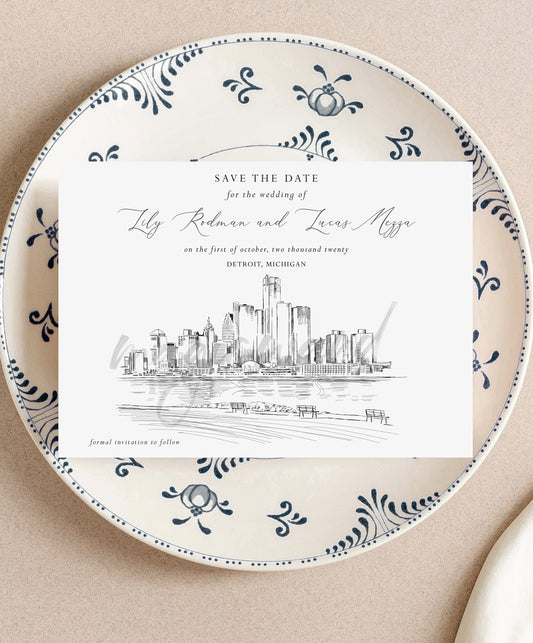 Detroit Skyline Save the Dates, STD, Wedding, Weddings, Detroit Wedding, Save the Date Cards (set of 25 cards)