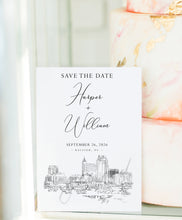 Load image into Gallery viewer, Raleigh Skyline Save the Dates, STD, Wedding, Weddings, Save the Date Cards, NC, North Carolina Wedding, Hand Drawn (set of 25 cards)
