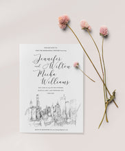 Load image into Gallery viewer, New 2024 Chicago Skyline Rehearsal Dinner Invitations, Hand Drawn , St Regis, Wedding, Weddings, Invite, (set of 25 cards)

