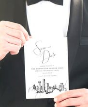 Load image into Gallery viewer, Dallas Skyline Save the Dates, STD, Texas, Wedding, Weddings, TX, Save the Date Cards, Hand Drawn (set of 25 cards)
