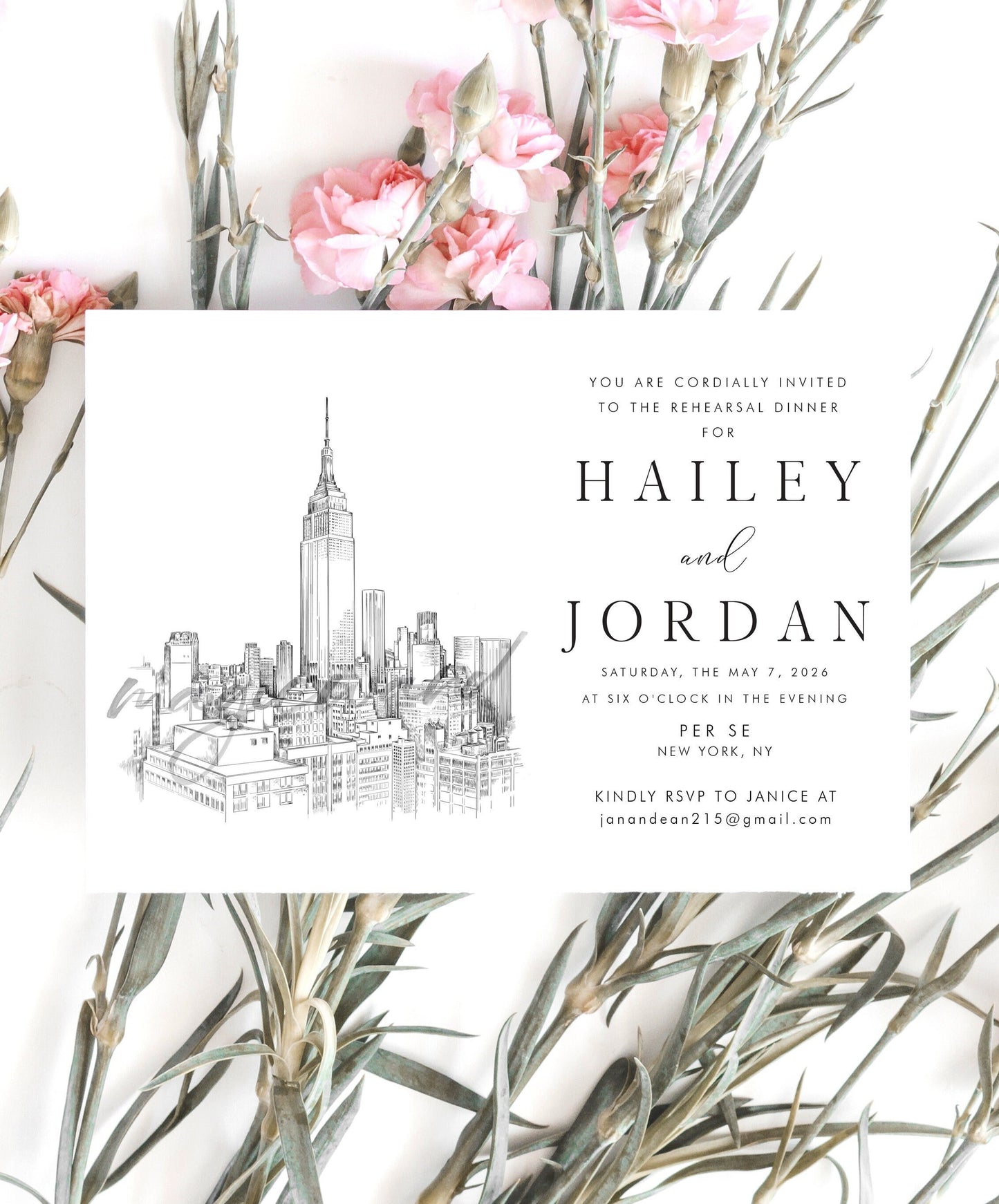 New York Rehearsal Dinner Invitations, Skyline, NYC, NY, Wedding, Weddings  (set of 25 cards)