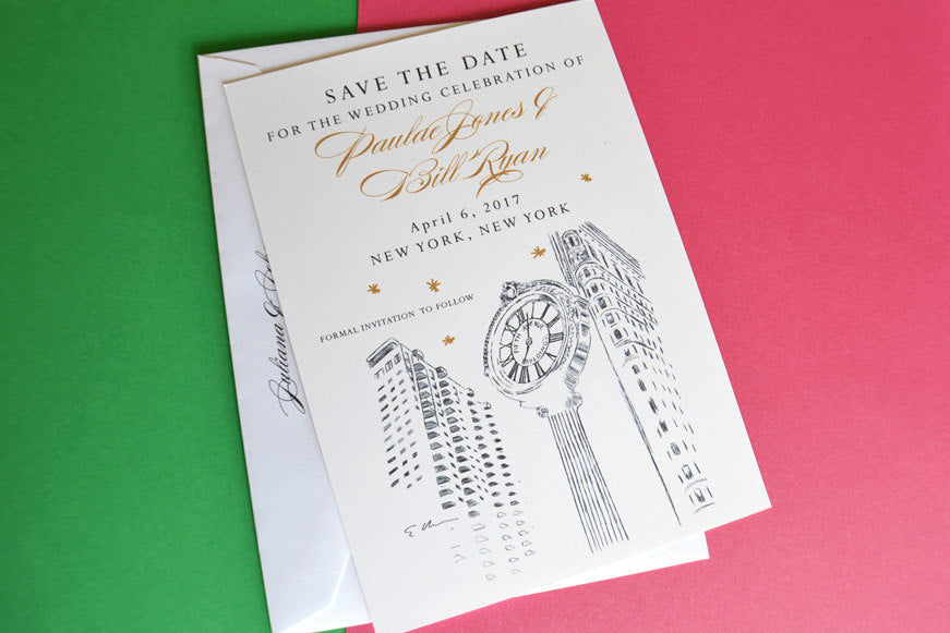 NYC 5th Ave Clock Skyline Starry Night Hand Drawn Save the Date Cards (set of 25 cards)
