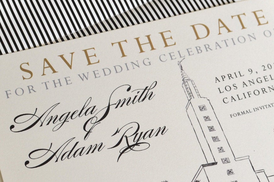 Los Angeles Mormon Temple Skyline Hand Drawn LDS Save the Date Cards (set of 25 cards)
