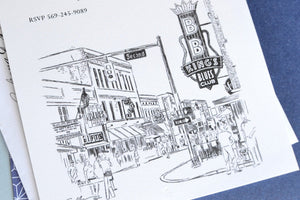 Memphis, Tennessee at Beale Street Skyline Hand Drawn Rehearsal Dinner Invitations (set of 25 cards)