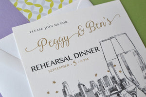 Philadelphia Skyline with Champagne Glasses Hand Drawn Rehearsal Dinner Invitations (set of 25 cards)