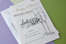Load image into Gallery viewer, Philadelphia Skyline with Champagne Glasses Hand Drawn Rehearsal Dinner Invitations (set of 25 cards)
