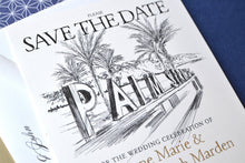 Load image into Gallery viewer, Palm Springs Sign &amp; Palm Trees Skyline Save the Date Cards (set of 25 cards)
