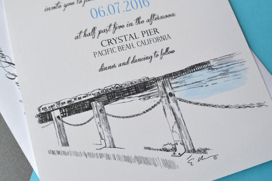 San Diego Crystal Pier Wedding Invitations Package (Sold in Sets of 10 Invitations, RSVP Cards + Envelopes)