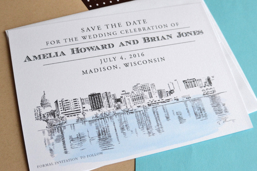Madison, Wisconsin Skyline Hand Drawn Save the Date Cards (set of 25 cards)