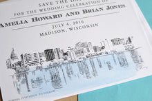 Load image into Gallery viewer, Madison, Wisconsin Skyline Hand Drawn Save the Date Cards (set of 25 cards)
