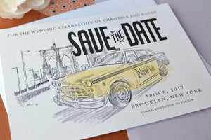 Brooklyn Bridge, New York Taxi Cab Watercolor, Skyline  Wedding Save the Date Cards (set of 25 cards)