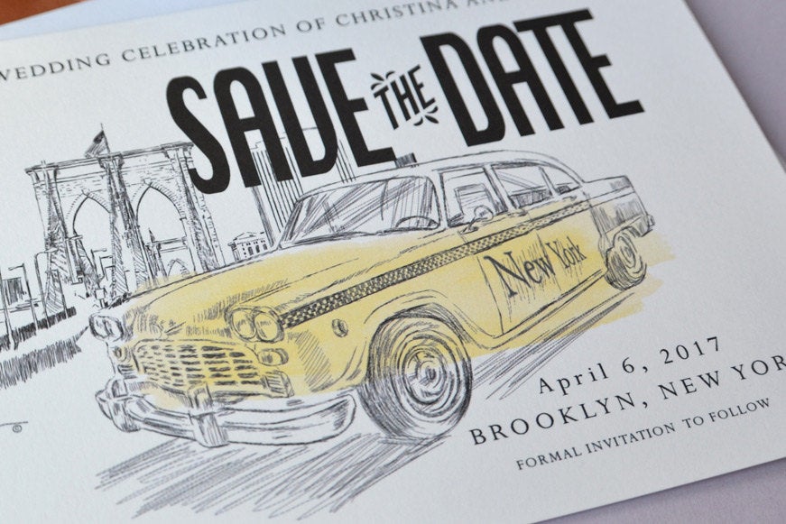 Brooklyn Bridge, New York Taxi Cab Watercolor, Skyline  Wedding Save the Date Cards (set of 25 cards)