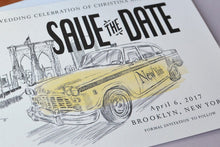Load image into Gallery viewer, Brooklyn Bridge, New York Taxi Cab Watercolor, Skyline  Wedding Save the Date Cards (set of 25 cards)
