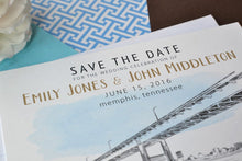 Load image into Gallery viewer, Memphis, Tennessee Skyline Watercolor with Bridge Save the Date Cards (set of 25 cards)
