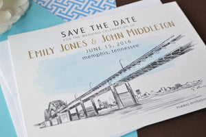 Memphis, Tennessee Skyline Watercolor with Bridge Save the Date Cards (set of 25 cards)