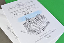 Load image into Gallery viewer, The Peabody Memphis Skyline Watercolor with Ducks Save the Date Cards (set of 25 cards)
