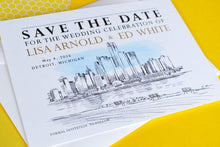 Load image into Gallery viewer, Detroit Skyline Watercolor Save the Date Cards (set of 25 cards)
