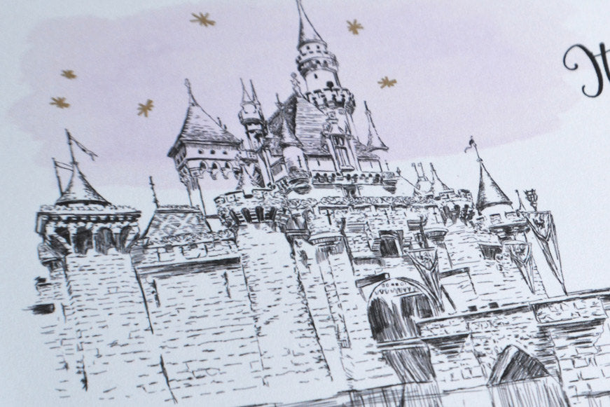 Disneyland Fairytale, Cinderella's Castle Wedding Hand Drawn Rehearsal Dinner Invitation Cards (set of 25 cards)