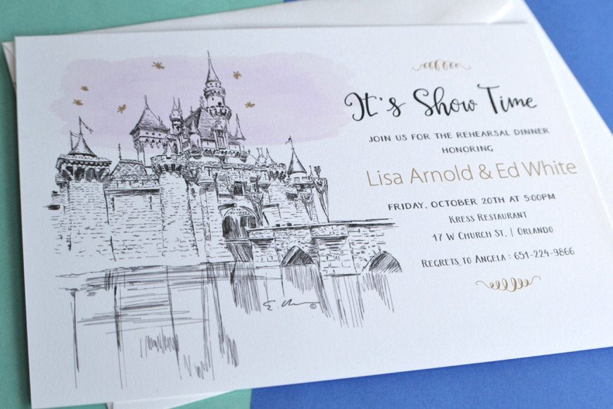 Disneyland Fairytale, Cinderella's Castle Wedding Hand Drawn Rehearsal Dinner Invitation Cards (set of 25 cards)