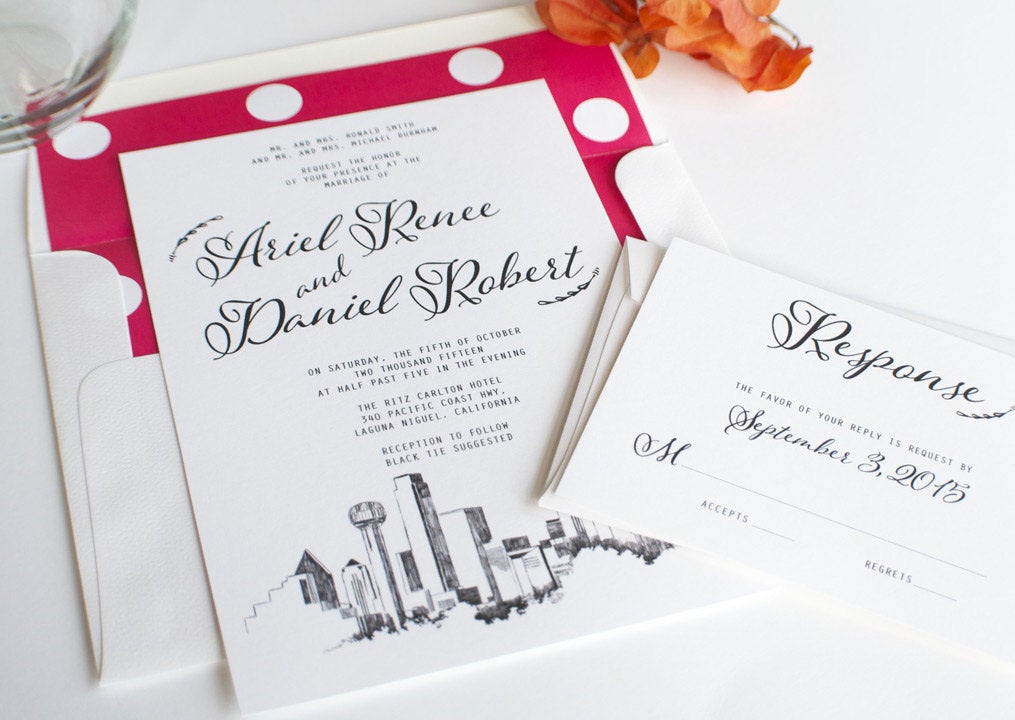 Dallas Skyline Hand Drawn Modern Wedding Invitation Package (Price Includes: One Invitation & RSVP Card Envelopes)