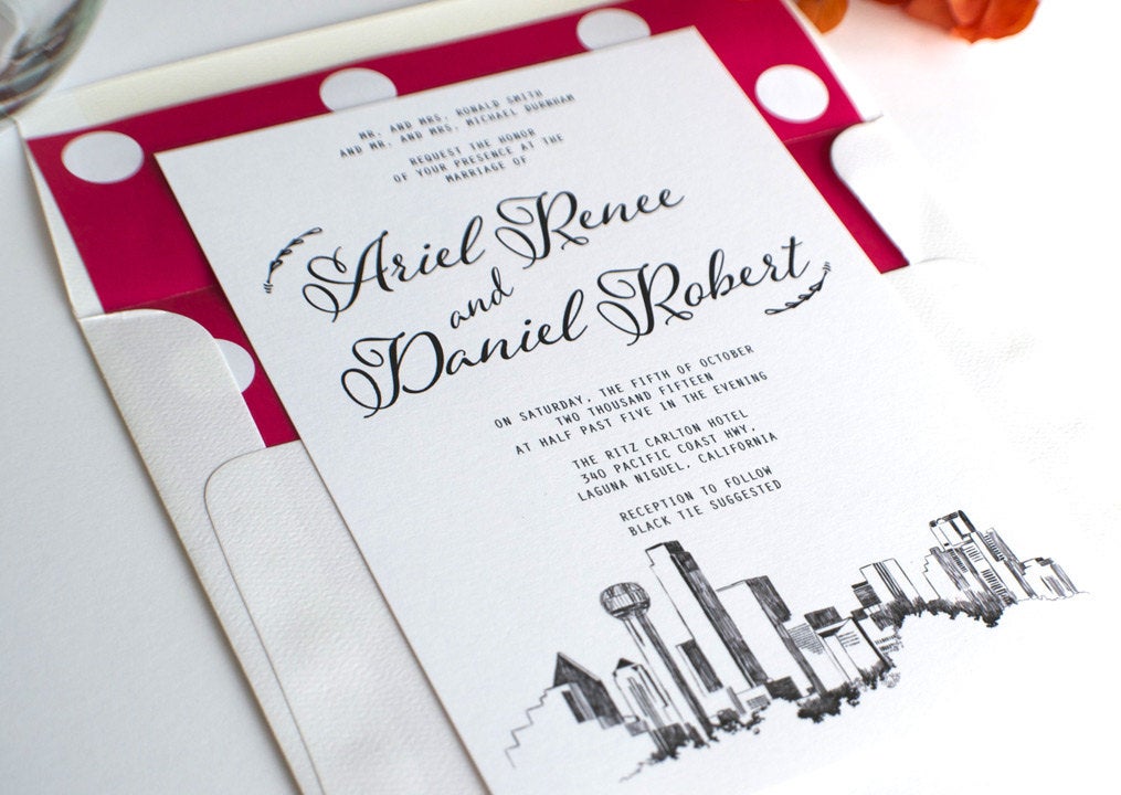 Dallas Skyline Hand Drawn Modern Wedding Invitation Package (Price Includes: One Invitation & RSVP Card Envelopes)