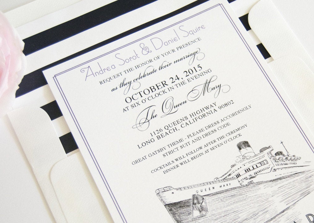 Long Beach Queen Mary Skyline Wedding Invitations Package (Sold in Sets of 10 Invitations, RSVP Cards + Envelopes)