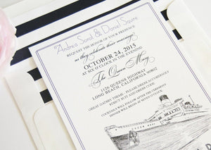 Long Beach Queen Mary Skyline Wedding Invitations Package (Sold in Sets of 10 Invitations, RSVP Cards + Envelopes)